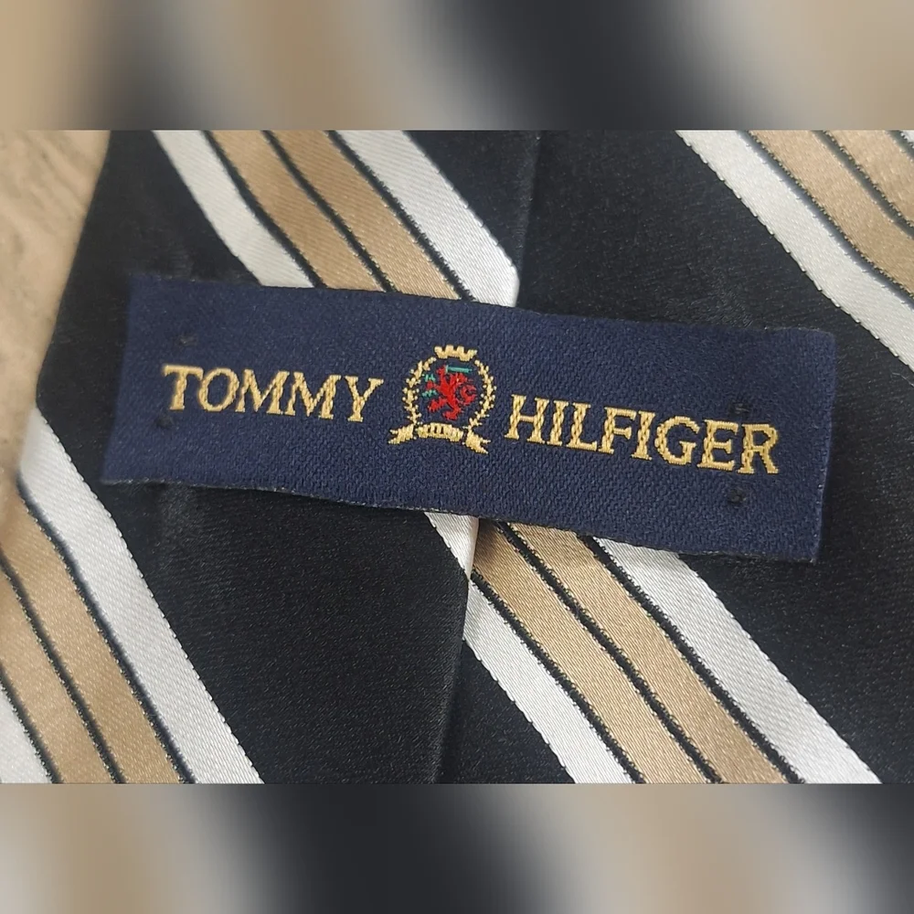 NWT Tommy Hilfiger 100% Silk Black &  Gold Diagnal Striped/solid tie  #1014 - Picture 2 of 5